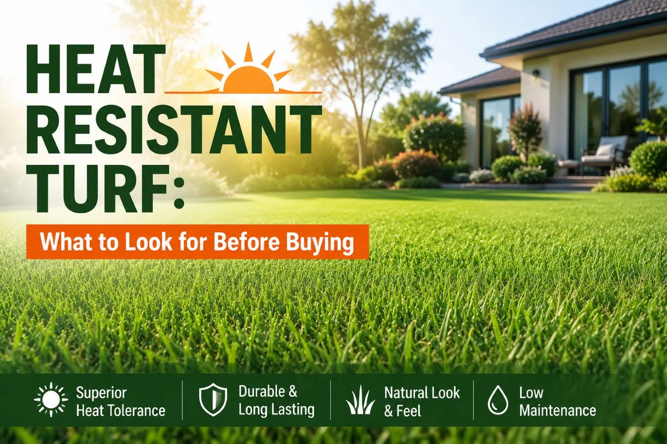 Lush green heat resistant turf thriving in a sunny residential landscape, showcasing durable, low-maintenance grass with excellent drought tolerance and healthy summer lawn performance.