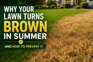 Residential lawn showing a clear contrast between healthy green grass and dry brown turf, illustrating why a lawn turns brown in summer due to heat stress, drought, or improper lawn care practices.