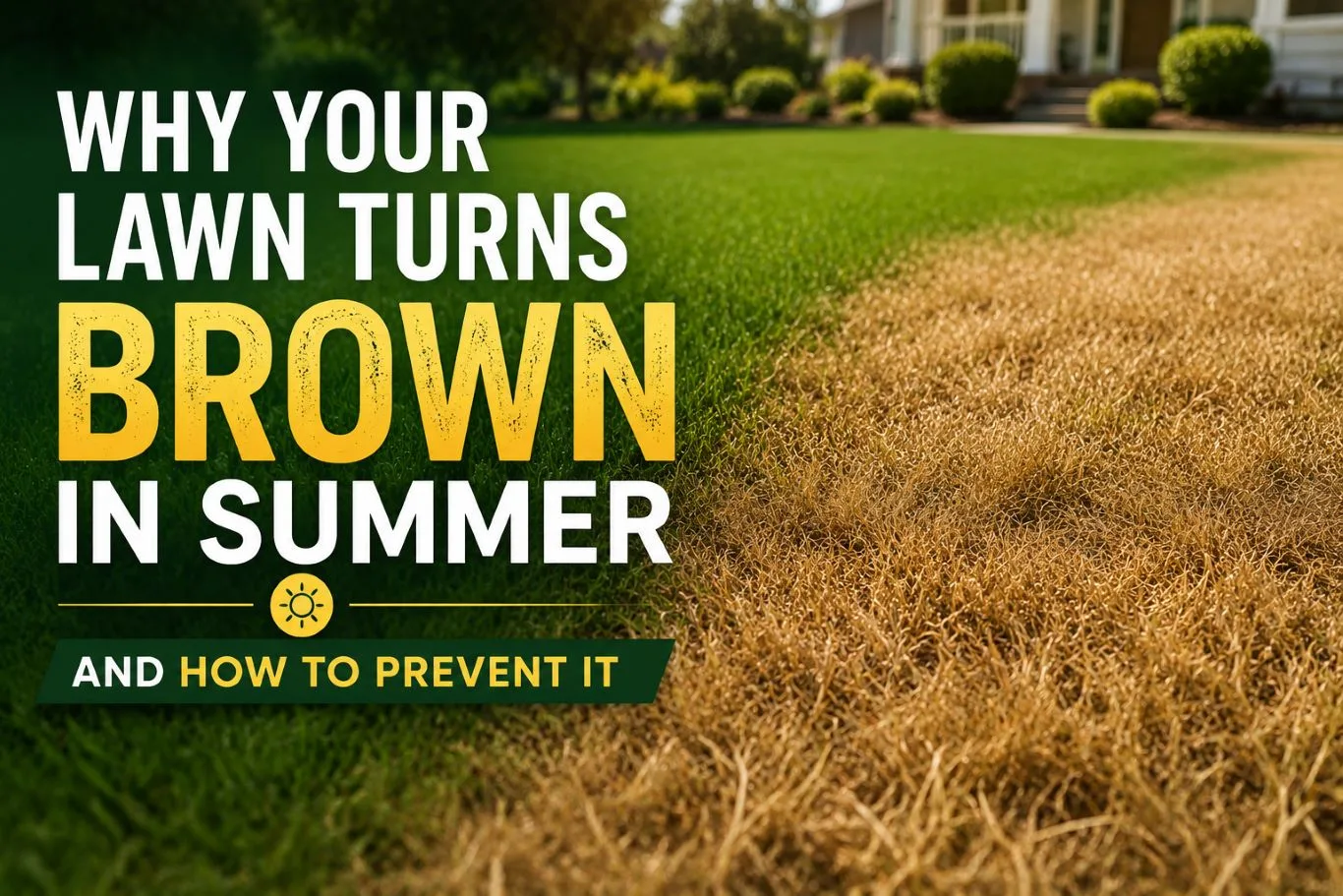 Residential lawn showing a clear contrast between healthy green grass and dry brown turf, illustrating why a lawn turns brown in summer due to heat stress, drought, or improper lawn care practices.