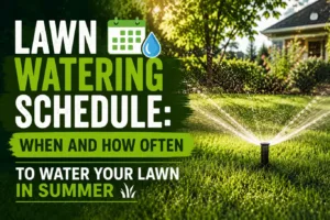 Residential lawn sprinkler watering lush green grass according to a lawn watering schedule, demonstrating proper summer irrigation practices to maintain healthy turf, deep root growth, and consistent lawn health.