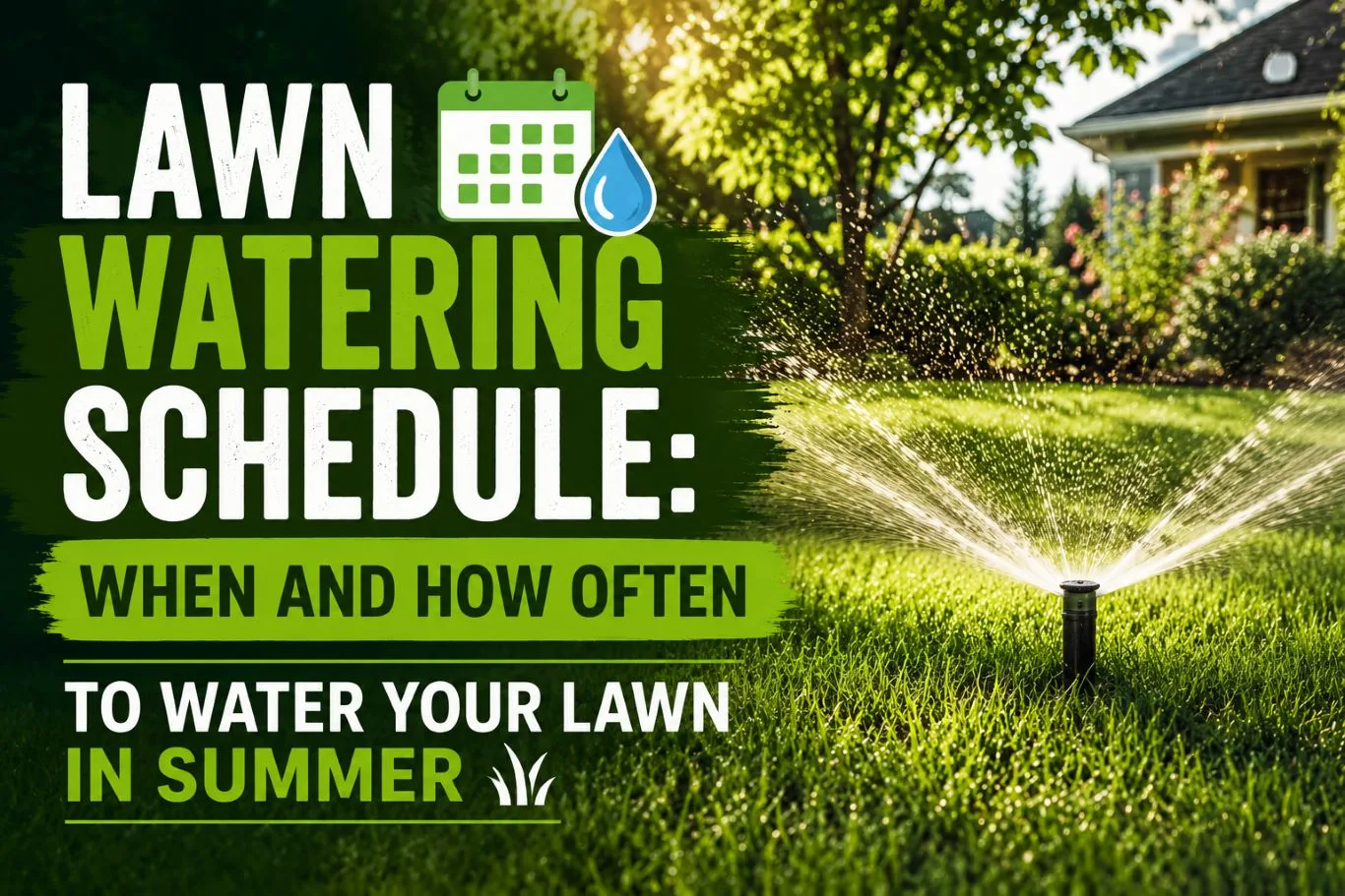 Residential lawn sprinkler watering lush green grass according to a lawn watering schedule, demonstrating proper summer irrigation practices to maintain healthy turf, deep root growth, and consistent lawn health.