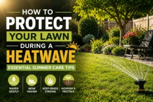 Residential lawn being watered with a sprinkler during hot weather to protect your lawn during a heatwave, promoting deep root growth, healthy grass, and improved drought resistance through proper summer lawn care.