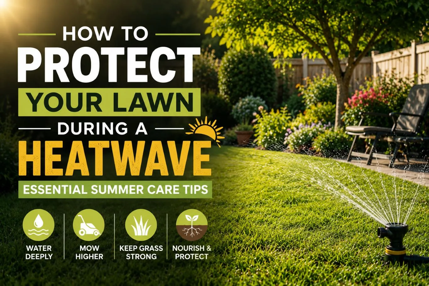 Residential lawn being watered with a sprinkler during hot weather to protect your lawn during a heatwave, promoting deep root growth, healthy grass, and improved drought resistance through proper summer lawn care.