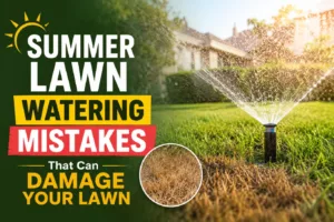 Sprinkler watering a residential lawn during hot summer weather, illustrating common summer lawn watering mistakes that can cause dry patches, stressed grass, and uneven lawn health.