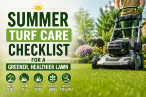Professional lawn mowing a lush green garden as part of a summer turf care checklist, including proper watering, mowing, fertilizing, weed control, and regular lawn health inspections.