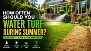 Homeowner using a garden hose to water turf during summer, promoting healthy lawn growth, deep root development, and effective irrigation for a lush green residential lawn.
