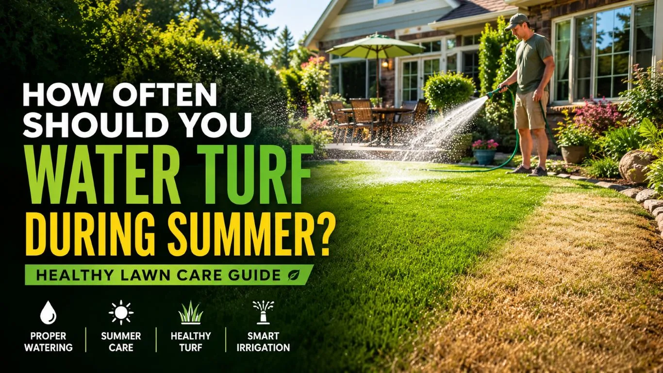 Homeowner using a garden hose to water turf during summer, promoting healthy lawn growth, deep root development, and effective irrigation for a lush green residential lawn.