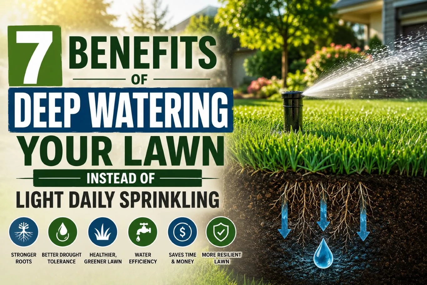Illustration showing the benefits of deep watering a lawn with a sprinkler soaking water deep into the soil to promote stronger roots, improved drought tolerance, a healthier greener lawn, greater water efficiency, lower maintenance costs, and a more resilient lawn compared with light daily sprinkling.