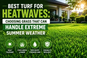 Lush, green lawn outside a modern home, showcasing the best turf for heatwaves with excellent heat tolerance, deep root growth, drought resilience, and long-lasting summer colour for healthy, low-maintenance landscapes.