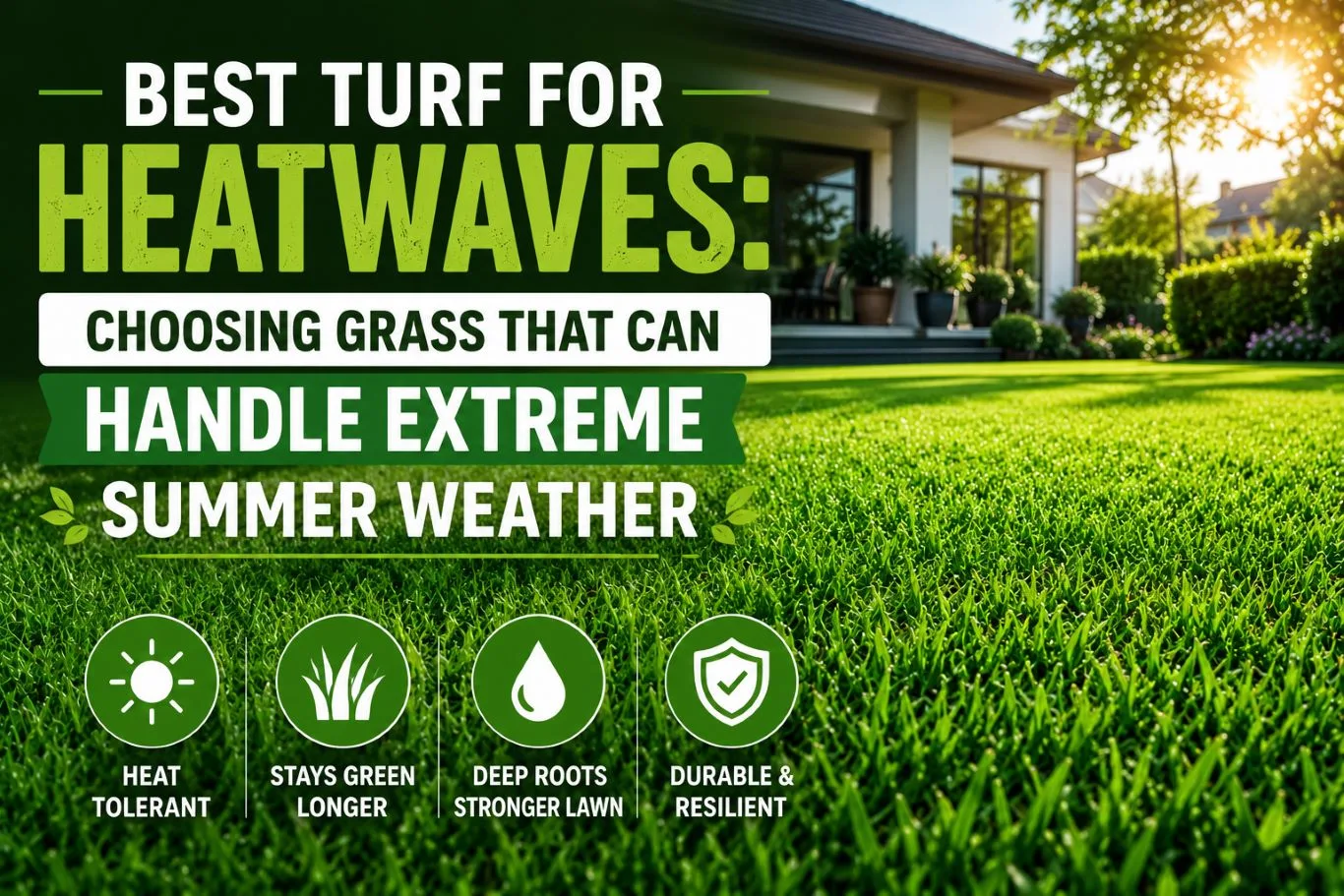 Lush, green lawn outside a modern home, showcasing the best turf for heatwaves with excellent heat tolerance, deep root growth, drought resilience, and long-lasting summer colour for healthy, low-maintenance landscapes.