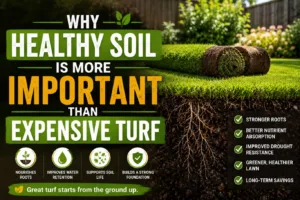 Cross-section illustration showing healthy soil for turf with deep, well-developed roots beneath lush green grass, highlighting how nutrient-rich soil improves water retention, supports root growth, increases drought resistance, and creates a healthier, longer-lasting lawn.
