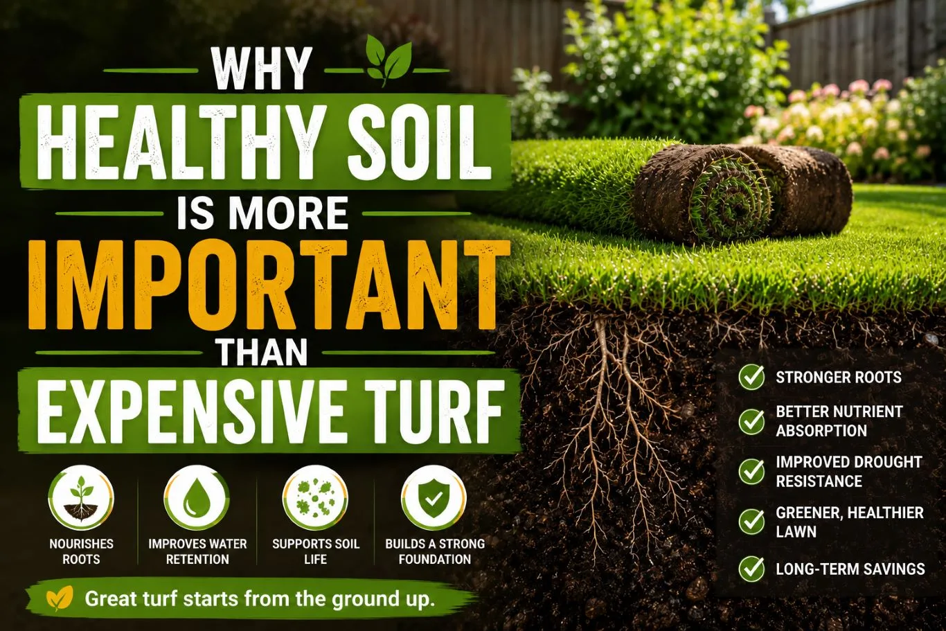 Cross-section illustration showing healthy soil for turf with deep, well-developed roots beneath lush green grass, highlighting how nutrient-rich soil improves water retention, supports root growth, increases drought resistance, and creates a healthier, longer-lasting lawn.