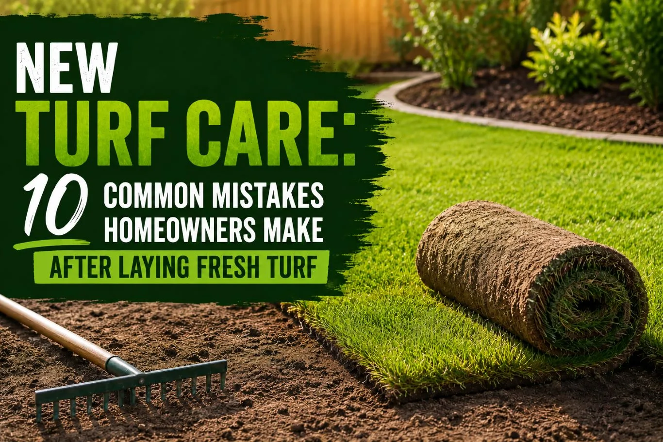 New turf care guide showing freshly laid turf rolls on a newly prepared lawn with garden tools, highlighting common mistakes homeowners make after laying fresh turf and the importance of proper watering, soil preparation, and early lawn establishment.