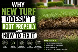 Cross-section view showing new turf doesn't root properly, with shallow root growth above poorly prepared soil, illustrating common causes such as inadequate watering, soil compaction, and poor ground preparation, along with best practices for establishing healthy, deep-rooted turf.