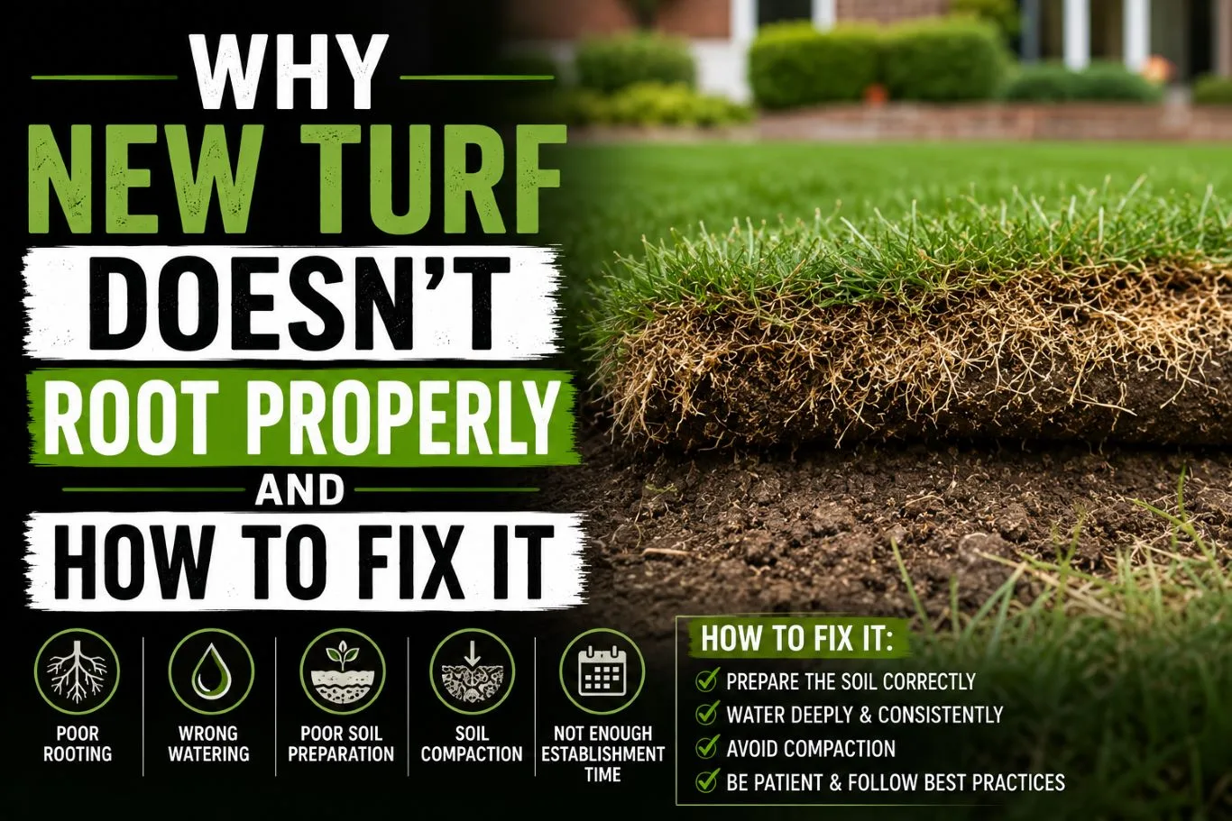Cross-section view showing new turf doesn't root properly, with shallow root growth above poorly prepared soil, illustrating common causes such as inadequate watering, soil compaction, and poor ground preparation, along with best practices for establishing healthy, deep-rooted turf.
