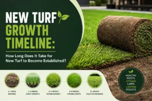 Featured image illustrating the new turf growth timeline, showing newly laid turf progressing from initial rooting and early growth to strong root development and full establishment over several weeks, with a rolled turf section and healthy green lawn demonstrating the stages of successful turf establishment.