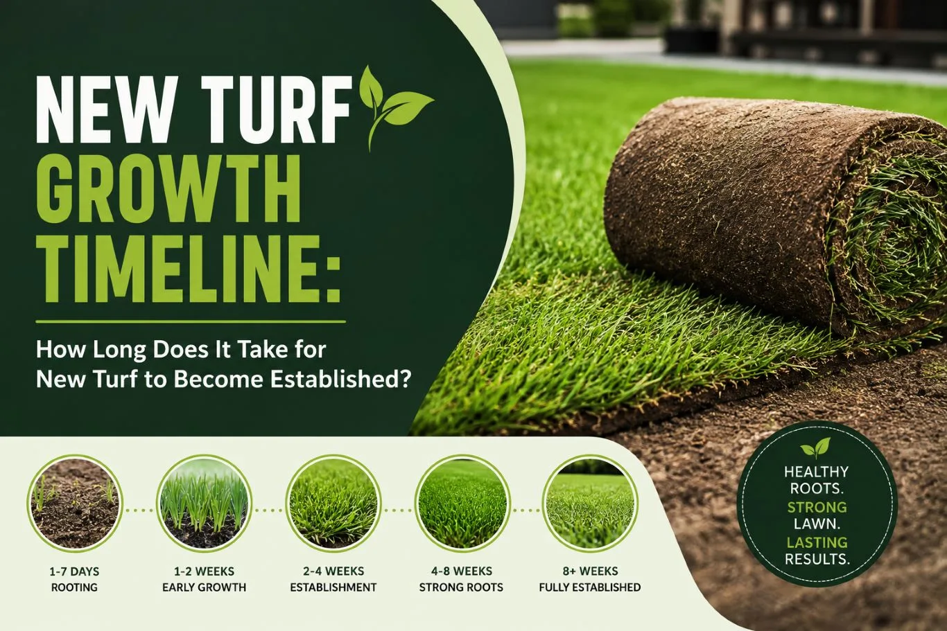 Featured image illustrating the new turf growth timeline, showing newly laid turf progressing from initial rooting and early growth to strong root development and full establishment over several weeks, with a rolled turf section and healthy green lawn demonstrating the stages of successful turf establishment.