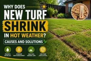 Close-up illustration showing new turf shrink in hot weather, with visible gaps forming between freshly laid turf rolls due to heat and drying conditions, highlighting the causes of turf shrinkage and the importance of proper watering and aftercare for healthy root establishment and long-term lawn success.