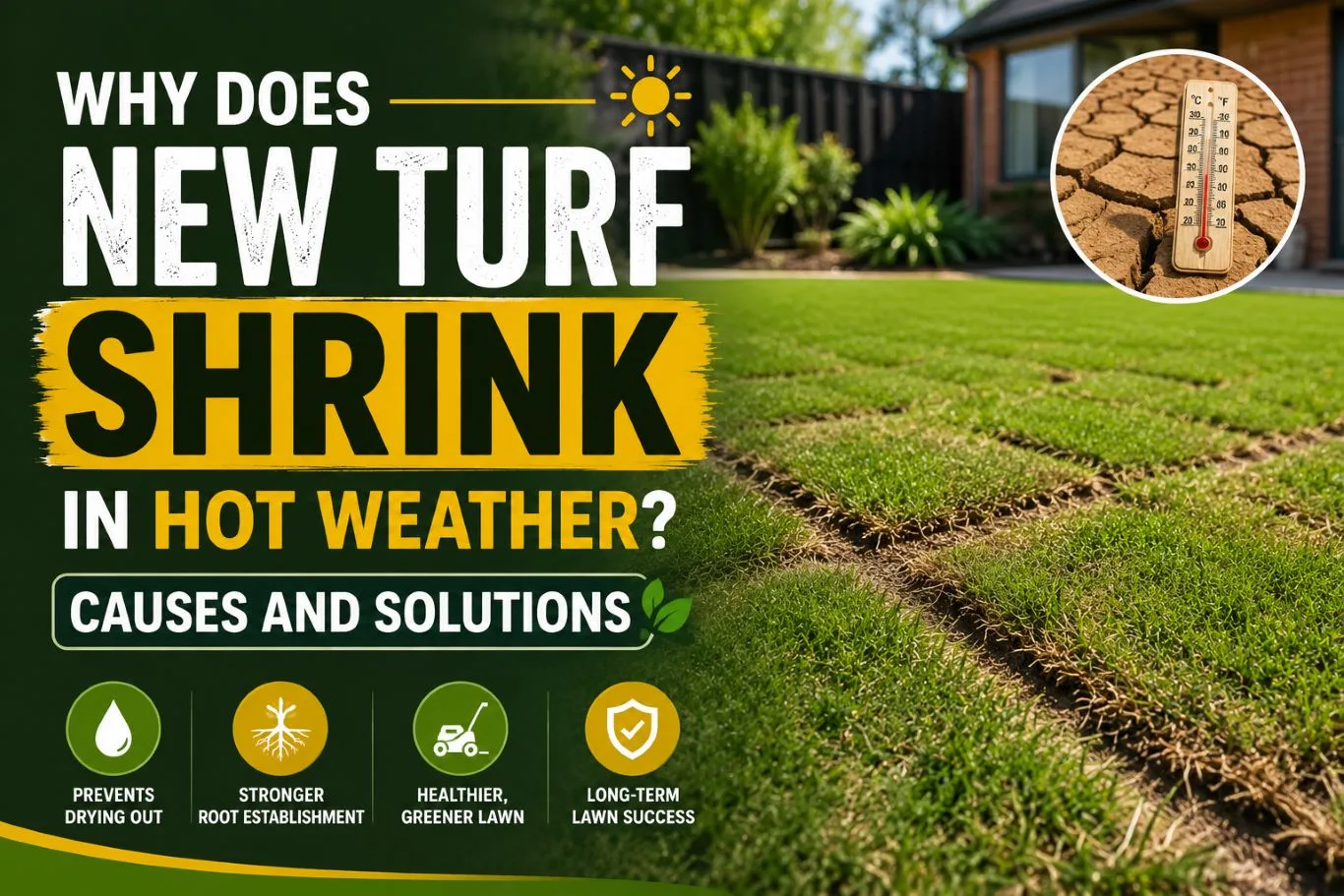 Close-up illustration showing new turf shrink in hot weather, with visible gaps forming between freshly laid turf rolls due to heat and drying conditions, highlighting the causes of turf shrinkage and the importance of proper watering and aftercare for healthy root establishment and long-term lawn success.