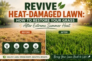 Revive heat-damaged lawn with proven summer lawn recovery techniques, showing a before-and-after transformation from dry, brown grass to a healthy green lawn using deep watering, higher mowing, smart feeding, and aeration.