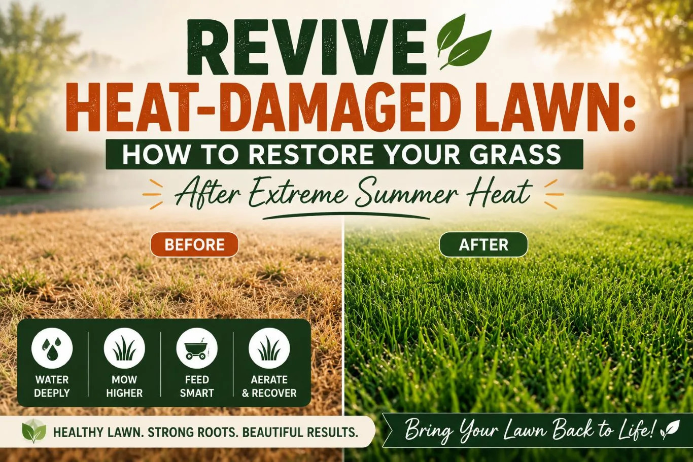 Revive heat-damaged lawn with proven summer lawn recovery techniques, showing a before-and-after transformation from dry, brown grass to a healthy green lawn using deep watering, higher mowing, smart feeding, and aeration.