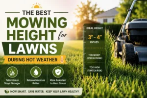 Lawn mower on a healthy summer lawn demonstrating the best mowing height of 3–4 inches to improve moisture retention, reduce heat stress, and promote stronger, greener grass during hot weather.