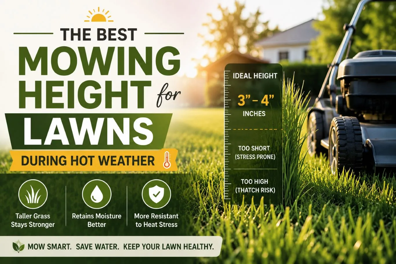 Lawn mower on a healthy summer lawn demonstrating the best mowing height of 3–4 inches to improve moisture retention, reduce heat stress, and promote stronger, greener grass during hot weather.