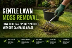Gardener using a spring tine rake for gentle lawn moss removal on damp garden grass