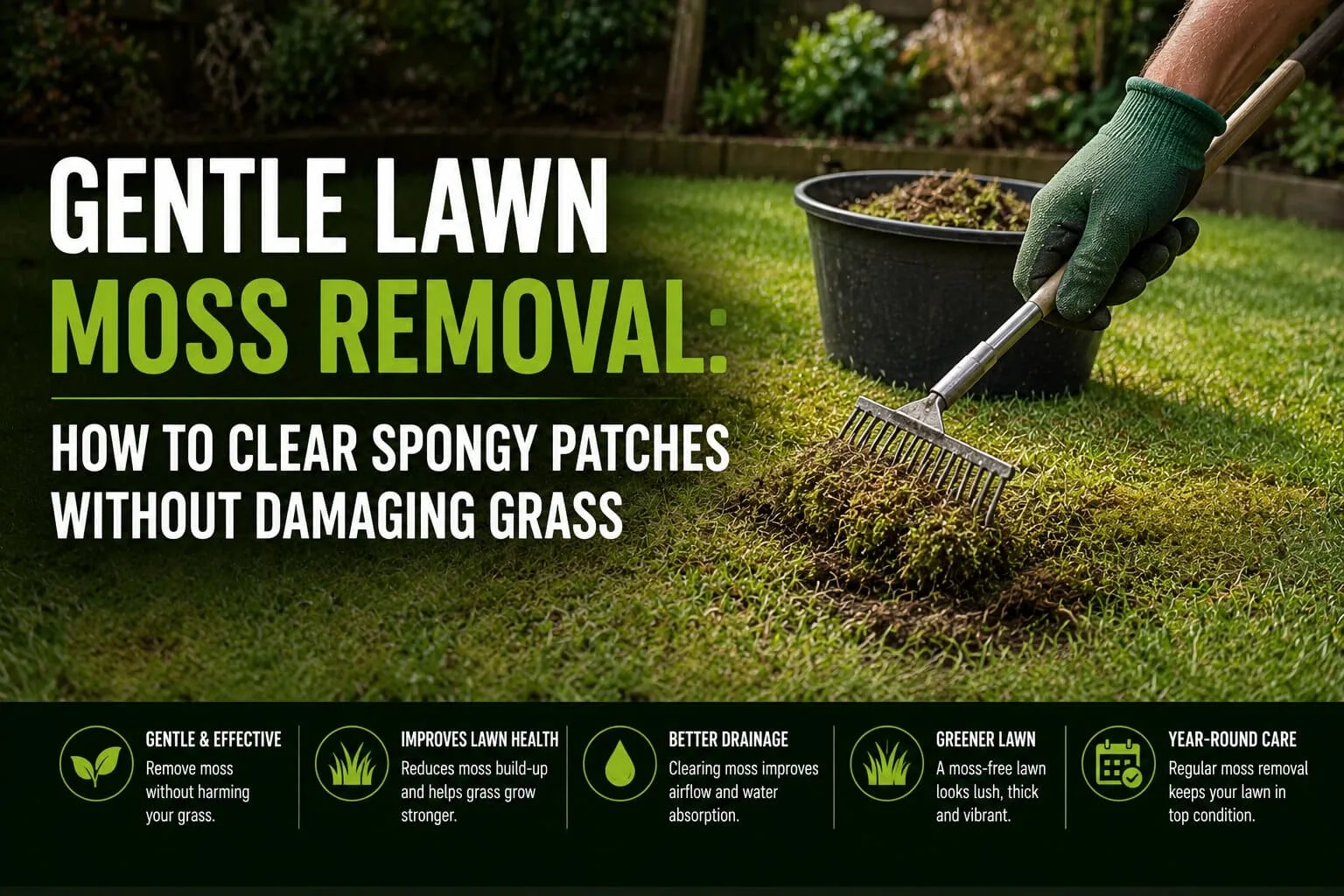 Gardener using a spring tine rake for gentle lawn moss removal on damp garden grass