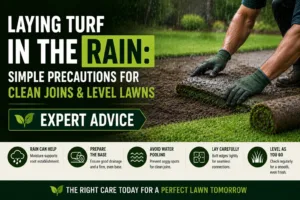 Professional gardener using timber scaffold boards when laying turf in the rain to protect wet soil levels
