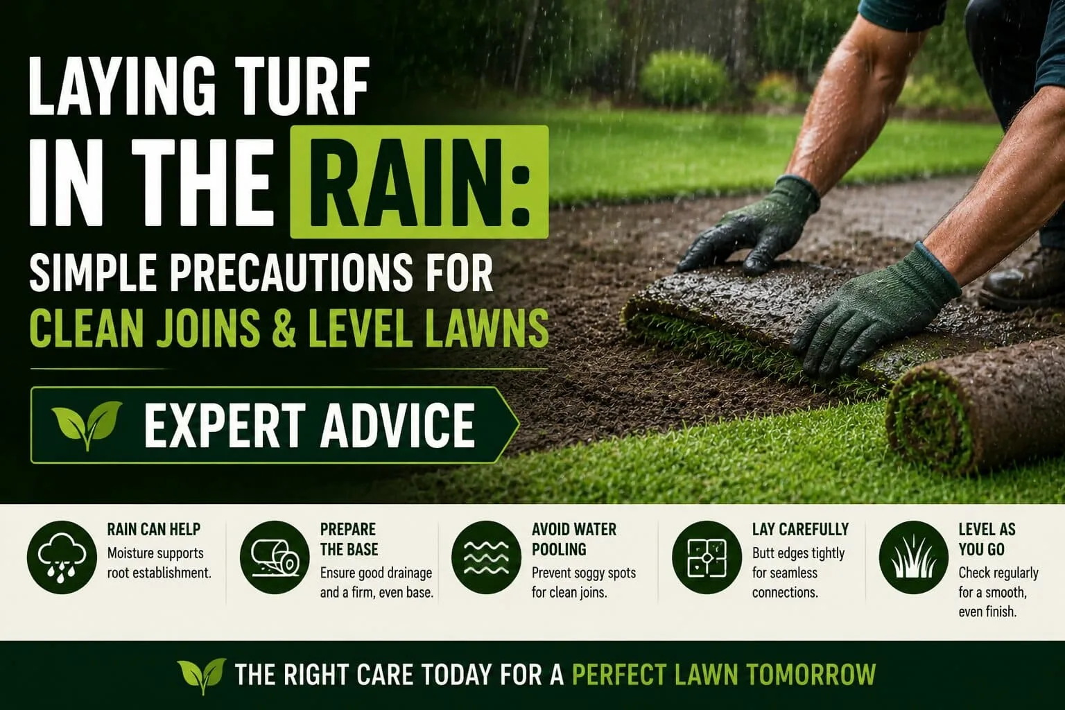 Professional gardener using timber scaffold boards when laying turf in the rain to protect wet soil levels