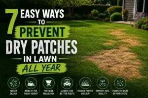 Prevent dry patches in lawn with proven lawn care practices, featuring uneven brown patches alongside healthy green grass and highlighting essential maintenance tips such as deep watering, proper mowing, fertilising, aeration, thatch reduction, soil improvement, and overseeding.