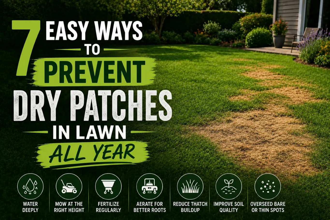 Prevent dry patches in lawn with proven lawn care practices, featuring uneven brown patches alongside healthy green grass and highlighting essential maintenance tips such as deep watering, proper mowing, fertilising, aeration, thatch reduction, soil improvement, and overseeding.