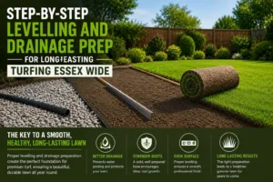 Landscaper grading and levelling screened topsoil during a professional turfing essex garden project