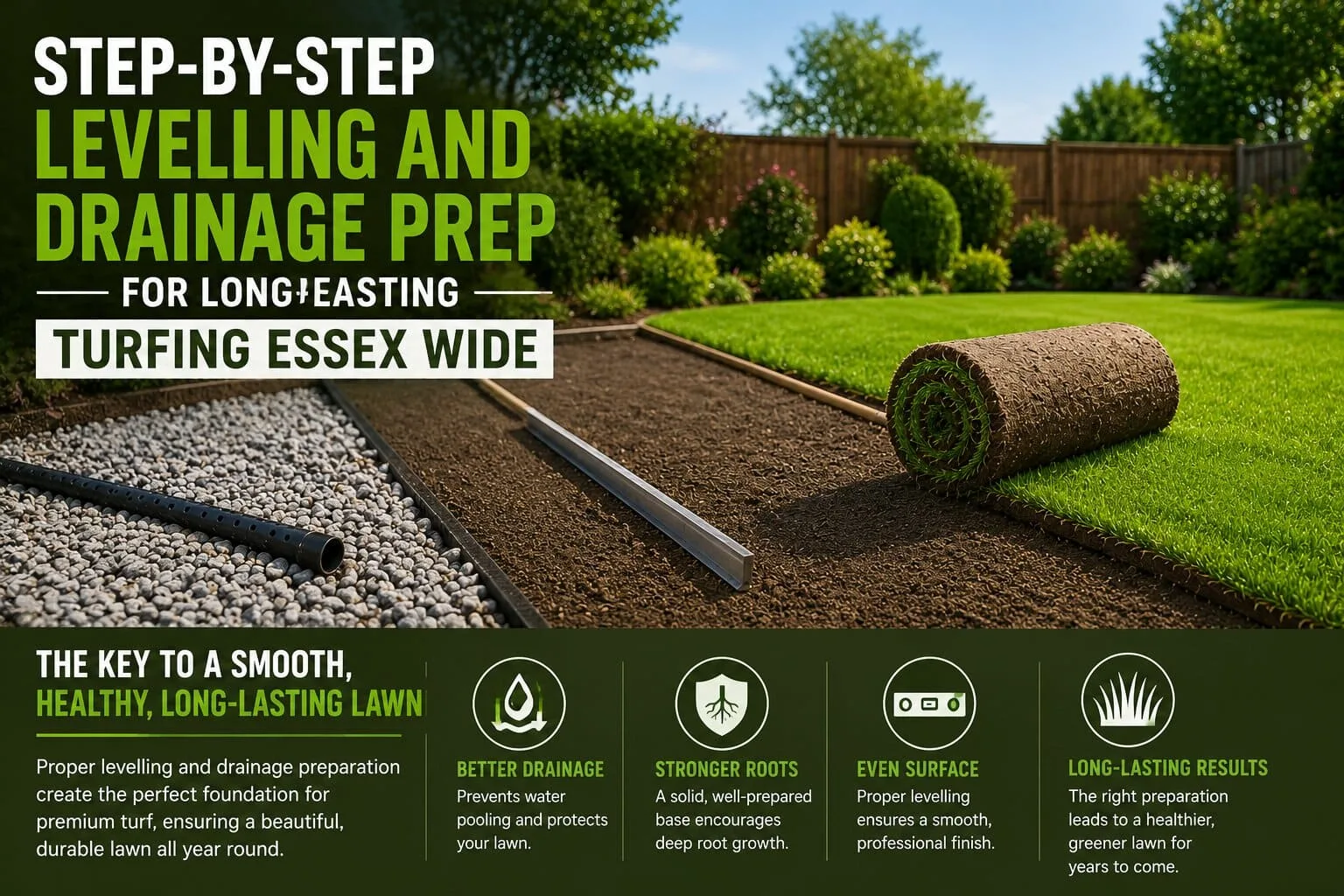 Landscaper grading and levelling screened topsoil during a professional turfing essex garden project