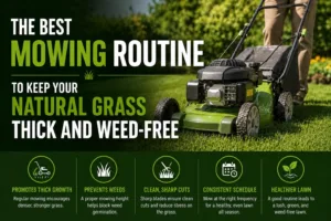 Neat stripes on a vibrant natural grass lawn being trimmed with a sharp lawn mower