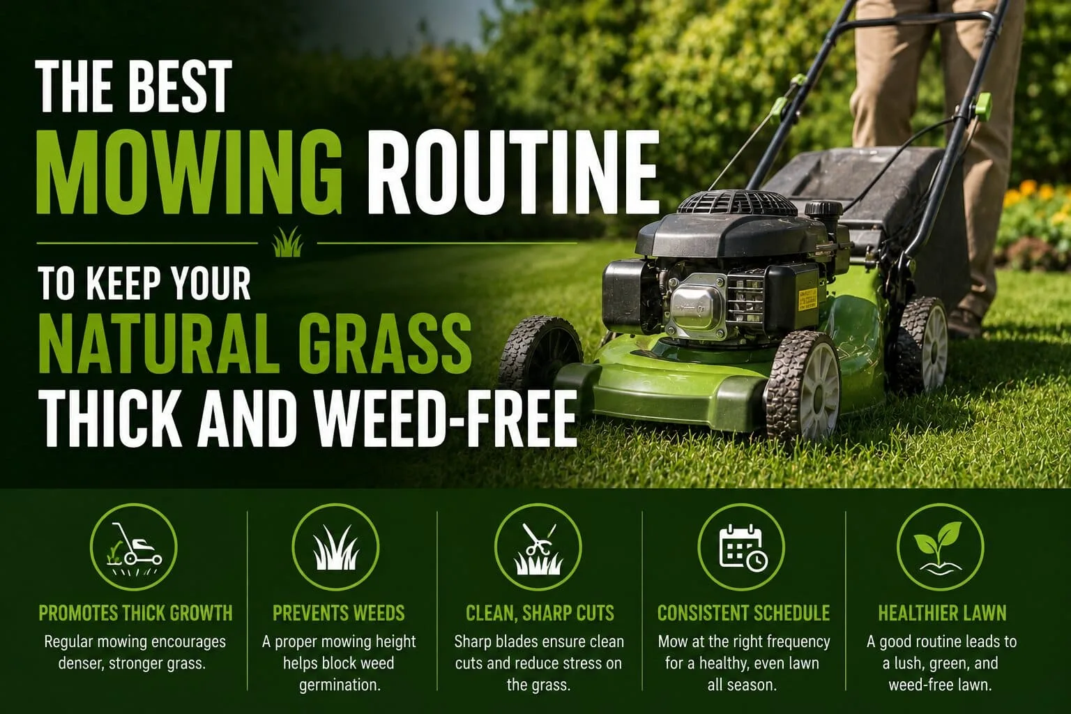 Neat stripes on a vibrant natural grass lawn being trimmed with a sharp lawn mower