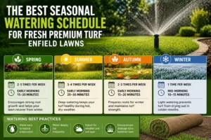 Garden sprinkler watering freshly laid premium turf enfield lawn on a bright morning