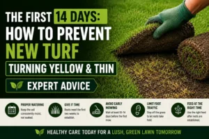 Freshly laid garden lawn showing new turf turning yellow along edges due to initial transplant shock