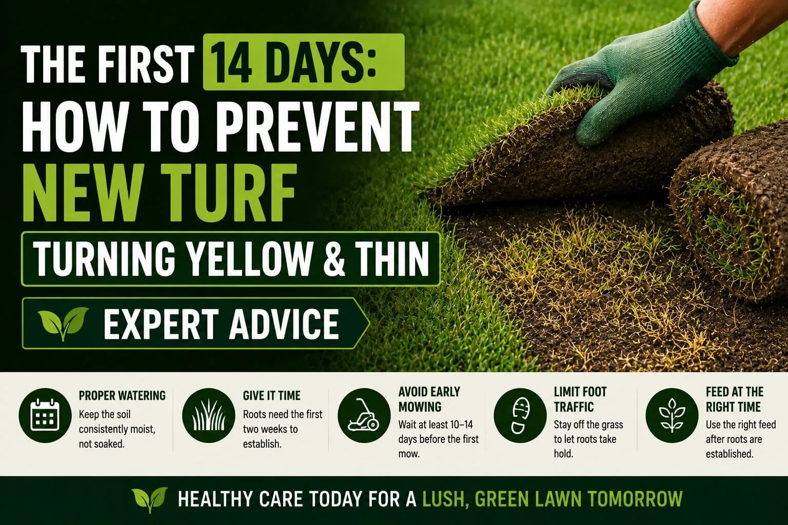 Freshly laid garden lawn showing new turf turning yellow along edges due to initial transplant shock