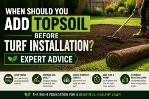 Topsoil before turf installation guide showing fresh topsoil being levelled before laying new turf, explaining how proper ground preparation improves soil quality, drainage, root establishment, and creates a healthy, long-lasting lawn.