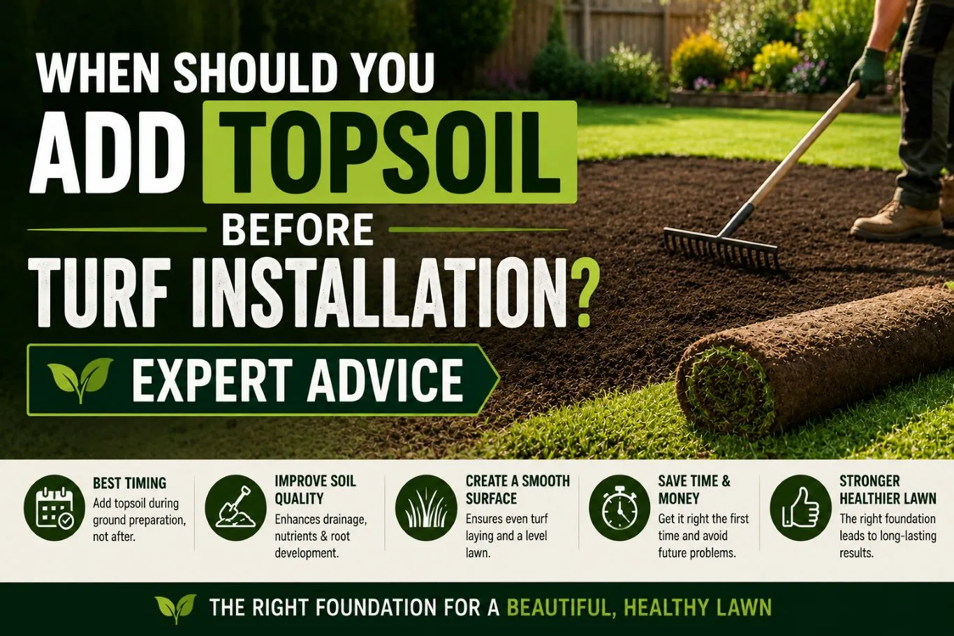 Topsoil before turf installation guide showing fresh topsoil being levelled before laying new turf, explaining how proper ground preparation improves soil quality, drainage, root establishment, and creates a healthy, long-lasting lawn.