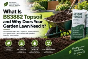 BS3882 topsoil in a wheelbarrow beside a healthy garden lawn, highlighting improved soil quality and greener growth.
