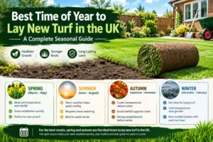 Gardener unrolling fresh green lawn rolls during the best time of year to lay new turf in a British garden