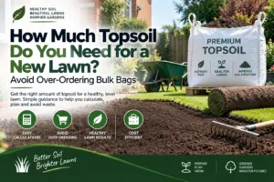 Featured blog post graphic explaining how much topsoil do you need for a new lawn, featuring a bulk topsoil bag, rolled turf, and garden tools on freshly prepared soil.