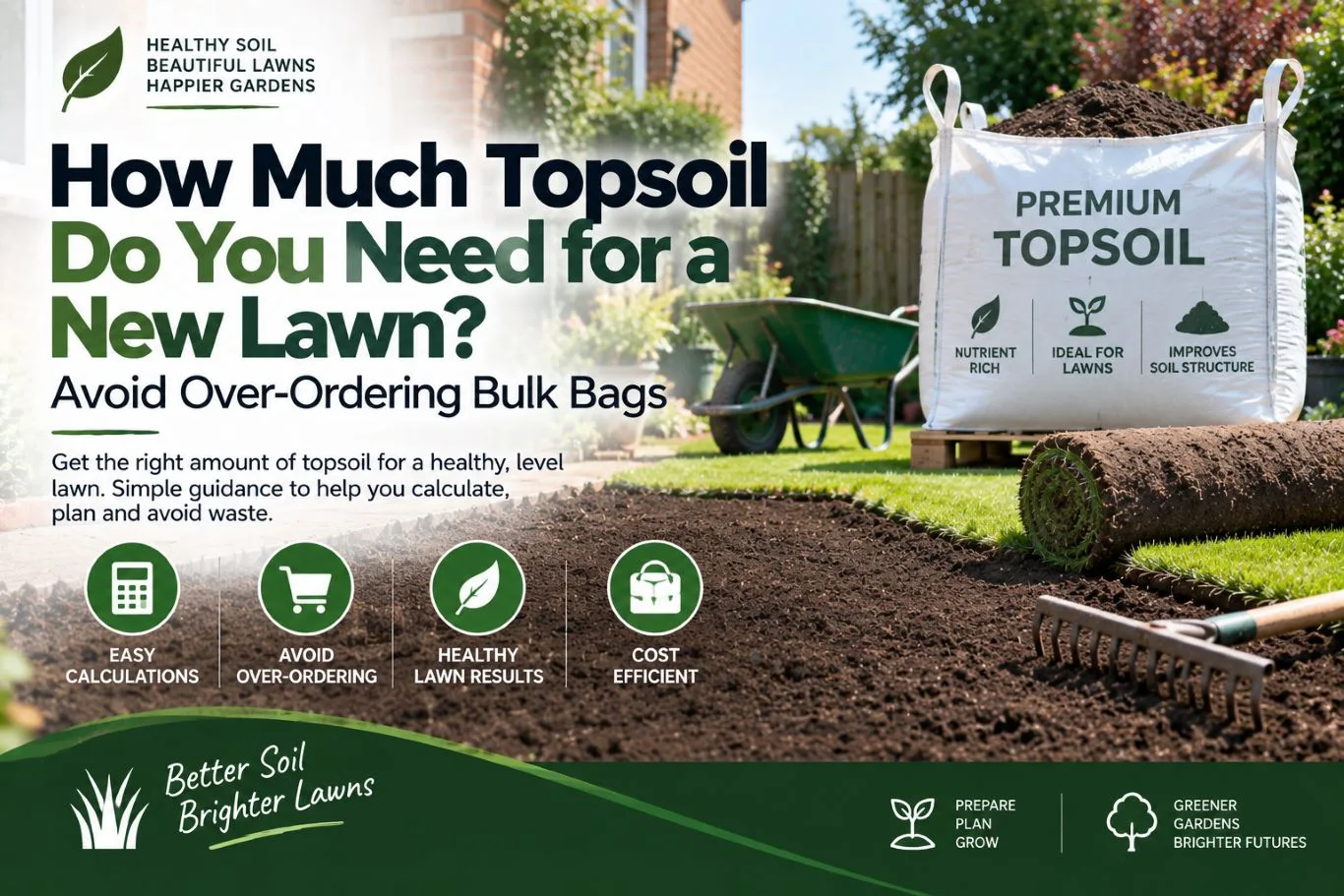 Featured blog post graphic explaining how much topsoil do you need for a new lawn, featuring a bulk topsoil bag, rolled turf, and garden tools on freshly prepared soil.