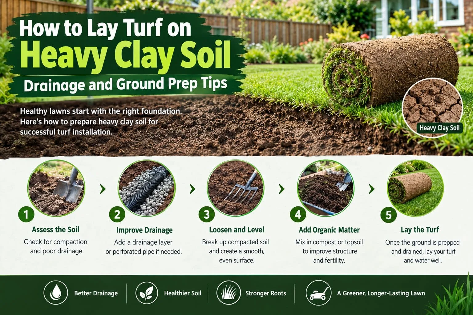 Landscaper preparing drainage and screened topsoil to lay turf on heavy clay soil in a residential garden