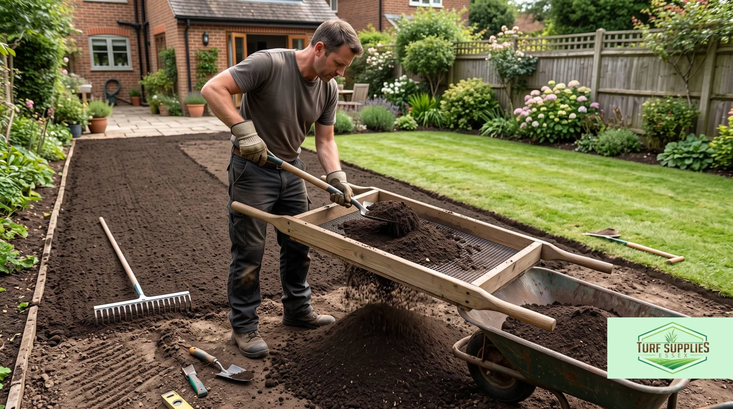 Gardener sieving topsoil with a riddle to level ground before bedford turf supplies arrive