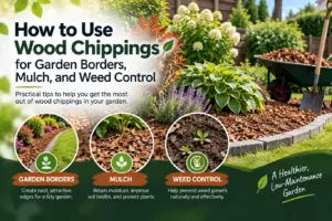 Featured blog banner showing how to use wood chippings for garden borders, mulch, and weed control alongside flowerbeds and a loaded wheelbarrow.