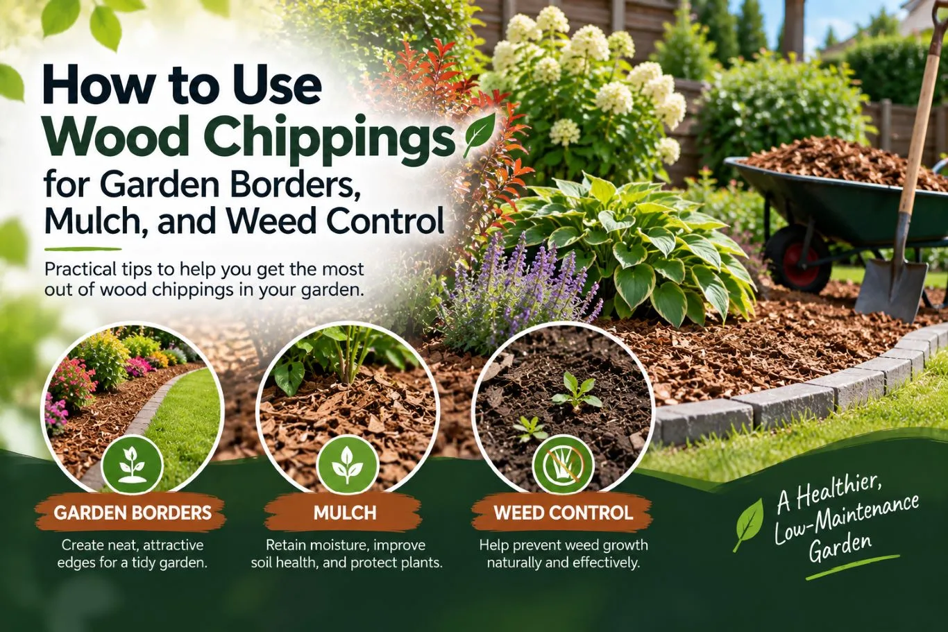 Featured blog banner showing how to use wood chippings for garden borders, mulch, and weed control alongside flowerbeds and a loaded wheelbarrow.